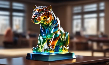 <lora:colouredglazecd_xl-000006:0.6>, a statue of a tiger made of glass in office scene, full body, colorful theme, (transparent:1.3, see-through:1.3), colouredglazecd_xl, indoors, chinese zodiac, wooden table, cutie, cute, still life, animal statue, front view, facing viewer, looking at viewer, (Unbelievable Digital Artwork:1.3), fine art, CGSociety, ArtStation, master works, 8K,HDR,UHD,masterpiece,best quality,highly detailed,emotional,harmonious,high budget,moody,epic,gorgeous,high resolution,perfect lighting,finely detail,extremely detailed,ultra detailed,realistic,photorealistic,huge filesize,photographic,real,wallpaper,moody lighting,volumetric lighting,reality ray tracing