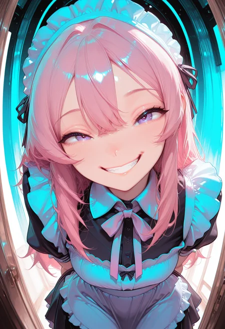 smooth positive, masterpiece, best quality, good quality, newest, highres, absurdres, 8K, bright colors, multicolored background, neon palette, fisheye, pov peephole, peephole, 1girl, CivChan, grin, purple eyes, pink hair, arms behind back, looking at viewer, maid headdress, maid,
masterpiece, best quality, good quality, newest, highres, absurdres, 8K, bright colors, <lora:add-detail-xl:2> <lora:unfazed mixed gothic - IL:0.6> <lora:CivChan:1>