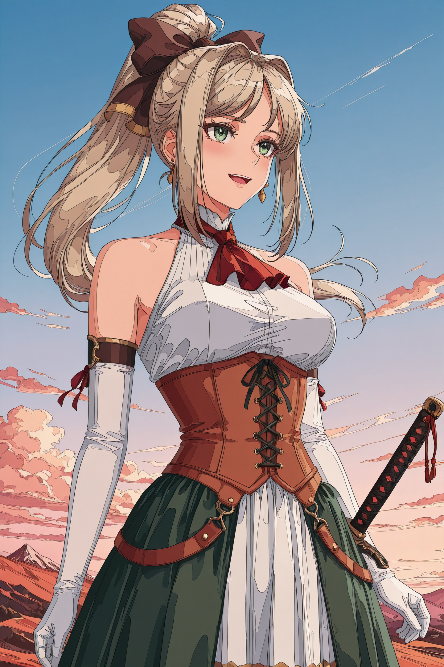 Anime Style,Lilia Eberwein,1girl,solo,gloves,elbow gloves,green eyes,breasts,ponytail,open mouth,bare shoulders,jewelry,white gloves,ribbon,corset,ascot,hair ribbon,high ponytail,long hair,dress,blush,skirt,earrings,bow,turtleneck,standing,halterneck,sidelocks,blonde hair,sleeveless,smile,outdoors,sky,cloud,ligne claire,sword,
<lora:Himekishi Lilia_illustriousXL:0.6>,
<lora:nest virgo_illustriousXL:1.5>,