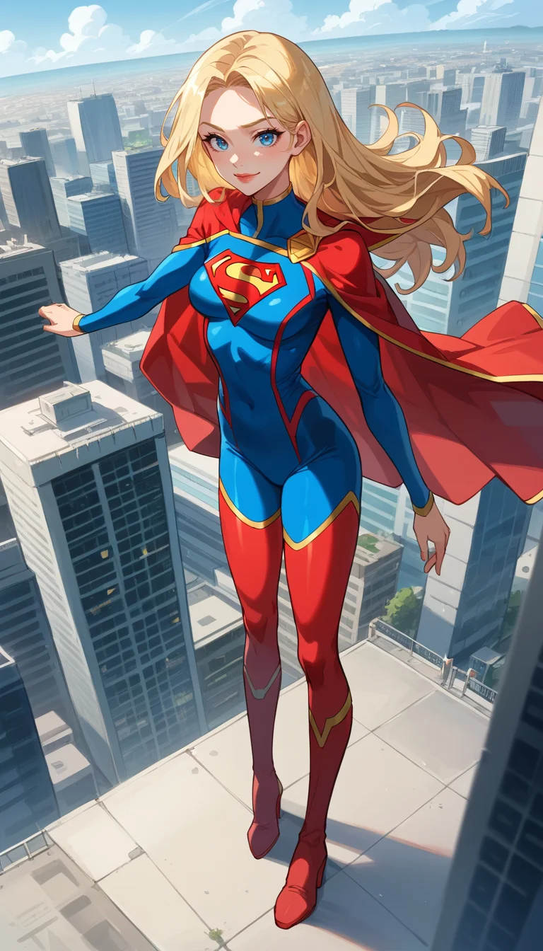 score_9, score_8_up, score_7_up, Anime Style, Full Body Shot, Supergirl, cute, seductive, innocent, light smile:0.3, plump lips, slender body, blonde long in high detailed and textured Supergirl full body suit, long red cape, red thigh high boots, gold ornate, gold embedded, landing, above the skyscrapers, ready for combat, arms along the body, city skylines Background, depth of field, dynamic angle, fashion photography, sharp, hyperdetailed:1.15