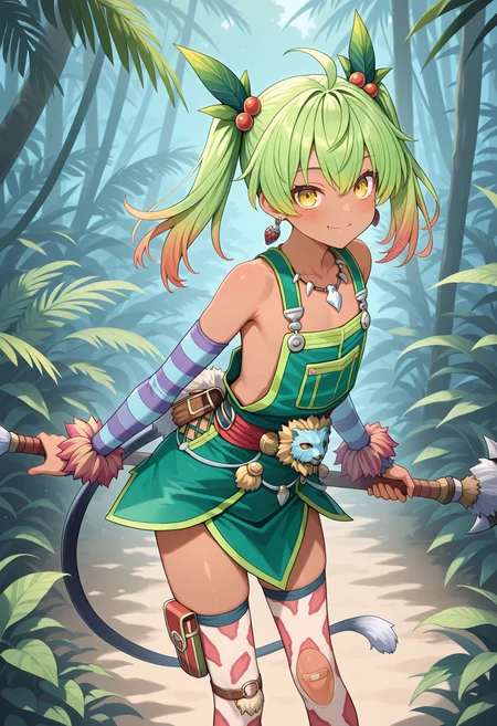 highres, best quality, masterpiece, jungle,
1girl, solo, ys8rico, green hair, gradient hair, twintails, dark-skinned female, yellow eyes, leaf hair ornament, hair bobbles, ahoge, earrings, flat chest, fang,
riys8def, green overalls, overall skirt, bare shoulders, jewelry, tooth necklace, detached sleeves, striped sleeves, arm warmers, red clothes around waist, pouch, tail, bandaid on knee, buckle, print thighhighs, animal print,
looking at viewer, blush, smile,
standing, holding weapon,
<lora:_ricotta_ys8-elesico-ilxl:1>