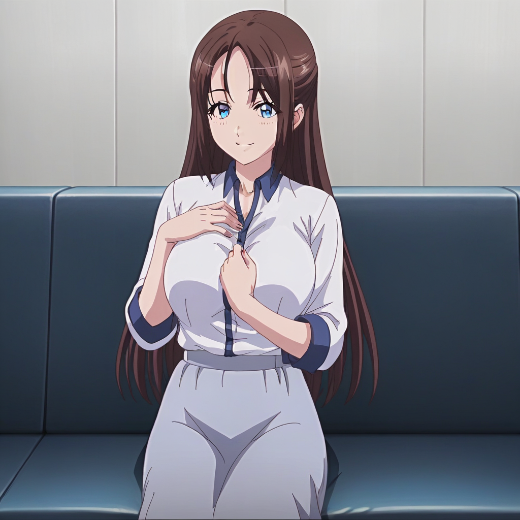 score_9, score_8_up, score_7_up, source_anime, rating_safe, intricate details, anime screencap, official style, anime coloring, 1girl, solo, yurina, brown hair, long hair, blue eyes, white shirt, large breasts, perfect breasts, grey skirt, long skirt, smile, indoor, looking at viewer, cowboy shot, hand on chest, sitting on couch