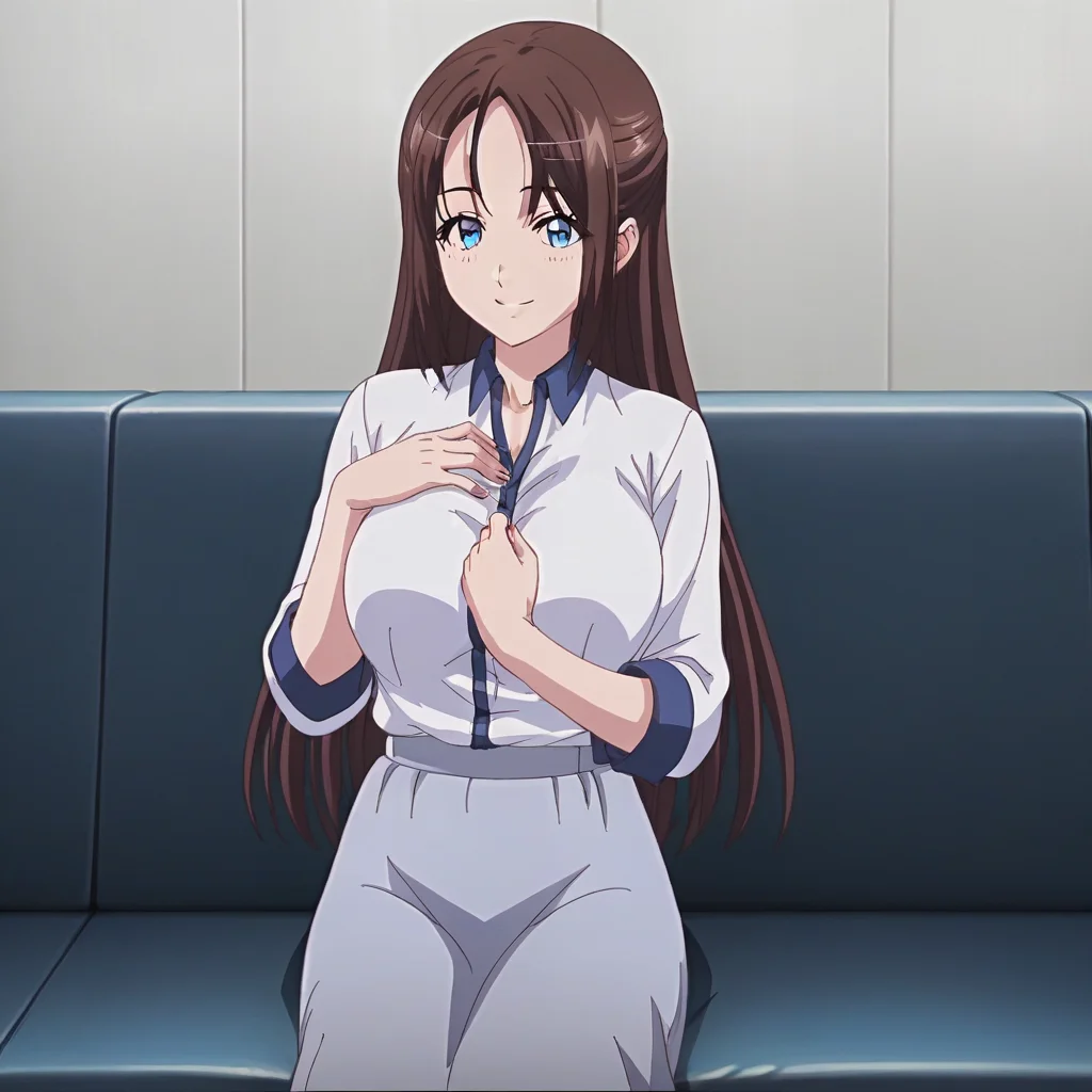 score_9, score_8_up, score_7_up, source_anime, rating_safe, intricate details, anime screencap, official style, anime coloring, 1girl, solo, yurina, brown hair, long hair, blue eyes, white shirt, large breasts, perfect breasts, grey skirt, long skirt, smile, indoor, looking at viewer, cowboy shot, hand on chest, sitting on couch