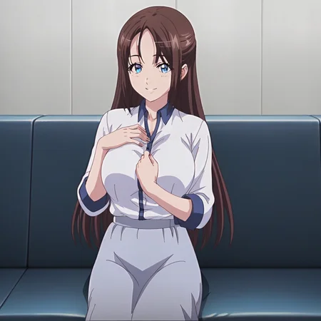 score_9, score_8_up, score_7_up, source_anime, rating_safe, intricate details, anime screencap, official style, anime coloring, 1girl, solo, yurina, brown hair, long hair, blue eyes, white shirt, large breasts, perfect breasts, grey skirt, long skirt, smile, indoor, looking at viewer, cowboy shot, hand on chest, sitting on couch