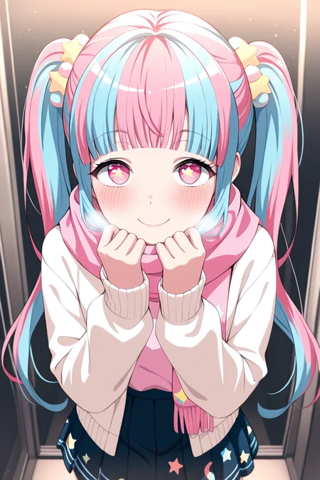 masterpiece, best quality, amazing quality,
<lora:PAREO_IL:1> pareo, 1girl, solo, smile, twintails, pink hair, multicolored hair, looking at viewer, bangs, blush, long hair, blue hair, star (symbol), pink eyes, blunt bangs, scarf, two-tone hair, skirt