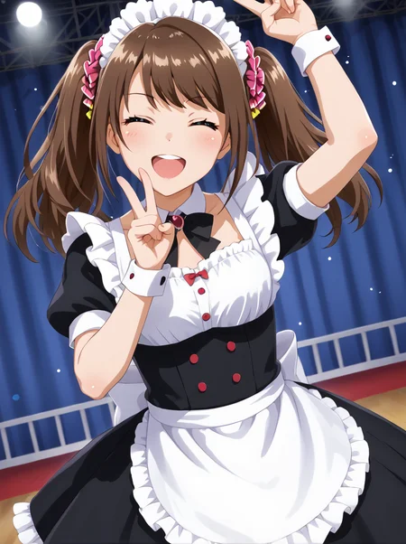 detailed background, shiny skin, posing, rating safe,
<lora:mizusaki.pony:1>,
mizusaki,
maid outfit,
stage, night, stage light,
closed eyes, , v, w, peace,