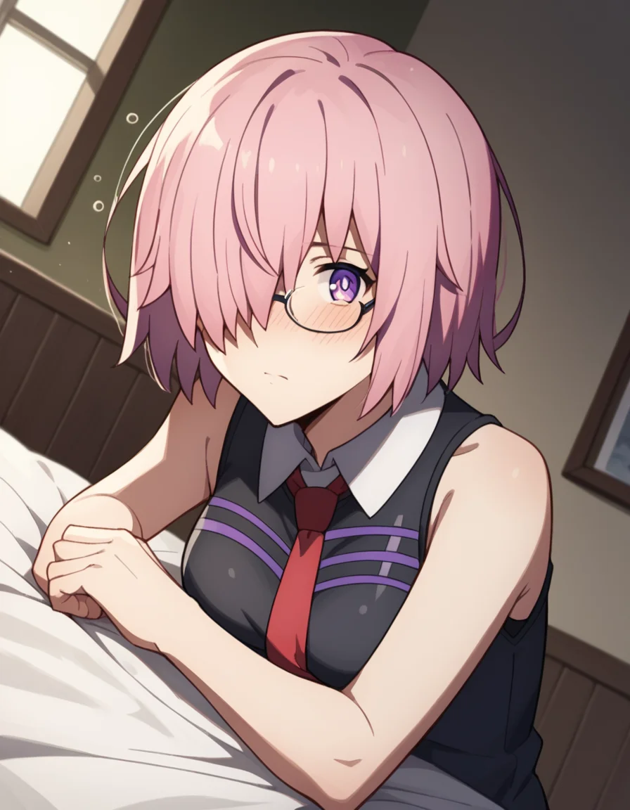 score_9, score_8_up, score_7_up, source_anime,
mashkyrielight, <lora:mash-kyrielight-babylonia-s1-ponyxl-lora-nochekaiser:1>,
mash kyrielight, short hair, purple eyes, pink hair, hair over one eye,
glasses, hood, shirt, collared shirt, white collar, black shirt, necktie, red necktie, sleeveless, off shoulder,
indoors, bed, bed room, on side, blush, drunk,
looking at viewer, cowboy shot, solo, dutch angle,