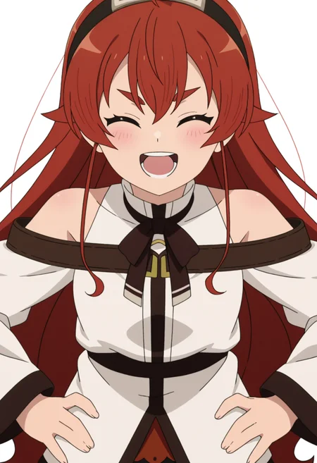 <lora:Eris Greyrat_illustrious-000016:1>,
Eris Greyrat, solo, closed eyes, ahoge, open mouth, smile, black hairband, white background, blush, simple background, upper body, bare shoulders, teeth, long sleeves, shirt, white shirt, hands on own hips, thick eyebrows, facing viewer, :d,anime screencap
