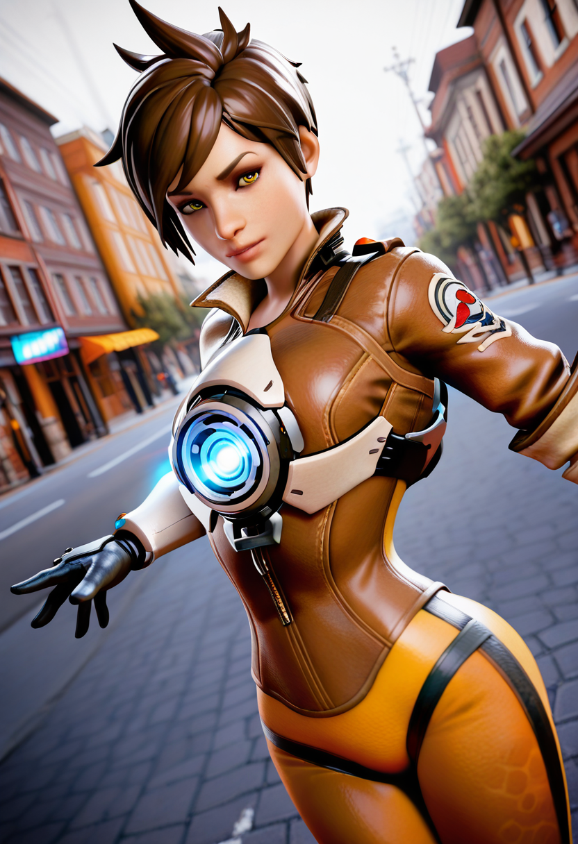 masterpiece, best quality, intricate details, detailed background, beautiful detailed, beautiful face, detailed eyes, detailed face, new, newest, 3d, ub3rstyl3, 1girl, solo, tracer, cowboy shot, looking at viewer, street, dutch angle, dynamic pose,