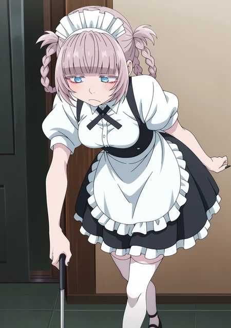 detailed background, official style,anime coloring, (anime screencap) masterpiece, detailed face,1girl <lora:Nazuna_Nanakusa-10:0.8>Nazuna, maid, solo, thighhighs, maid headdress, braid, blue eyes, apron, holding, dress, short sleeves, puffy sleeves, grey hair, maid apron, bangs, blunt bangs, twin braids, blush, closed mouth, nail polish, breasts, puffy short sleeves, shirt, hair rings, black footwear, black nails, white shirt, ringed eyes, bags under eyes, short hair, fingernails, frown, medium breasts, skirt, sidelocks, collared shirt, makeup, long hair, twintails