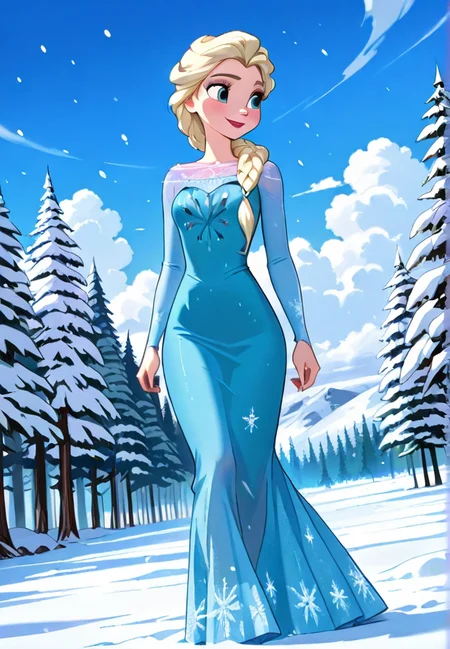 masterpiece, best quality, amazing quality, very aesthetic, absurdres, newest, detailed background, cowboy shot, forest, snow, sky, clouds, wind, dynamic angle, snowflakes
elsadisney, 1girl, dress, hair over shoulder, single braid, smile, long hair, blue dress, full body, long dress,
<lora:Elsa_-_Disney_Illustrious-000006:1>