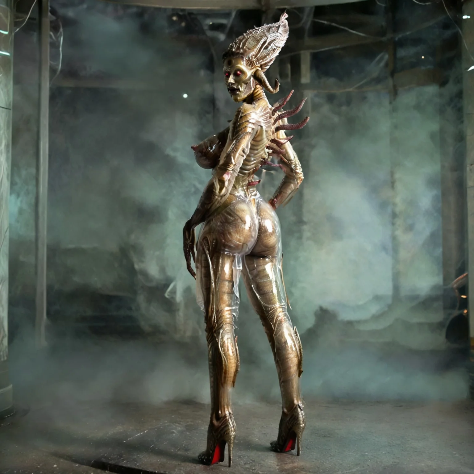 safe_pos, Movie still, horror movie , cinematic horror, big budget horror film, SIL walk toward viewer, smiling, , nude, translucent flesh, the subject is a humanoid female alien figure with a strikingly muscular and voluptuous physique. she has a golden scaly almost armor-like skin that glistens under an imagined warm light suggesting a metallic or reptilian texture. her body is accentuated with pronounced rounded buttocks and thighs and her breasts are large and prominent. sil xenomorph score_9 score_8_up score_7_up score_6_up score_5_up score_4_up 1girl solo massive breasts, alluring, breasts ass nipples alien colored skin high heels monster girl red eyes, detailed interior spaceship background,