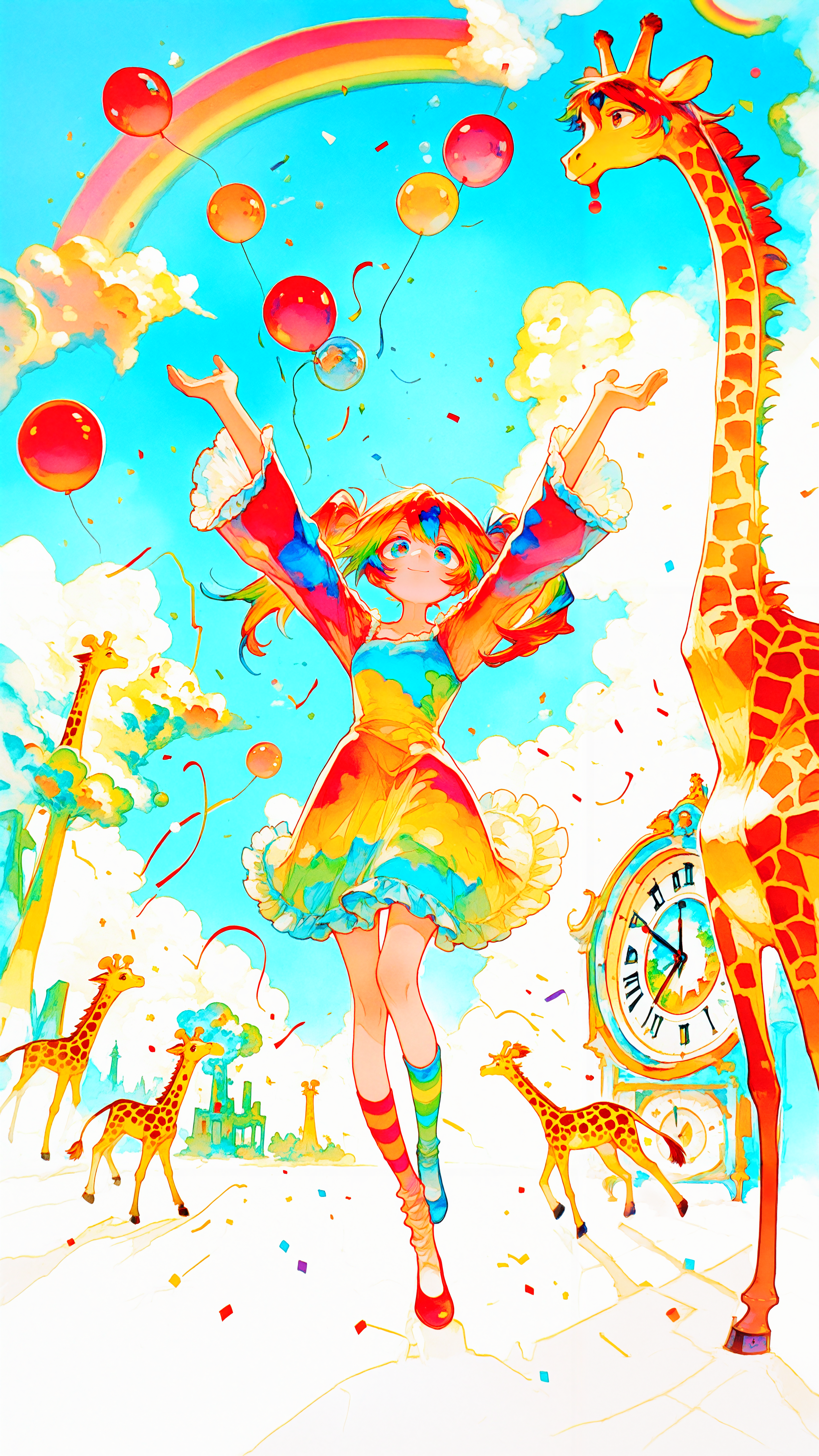 masterpiece, newest,absurdres,incredibly absurdres, best quality, amazing quality, very aesthetic, painterly,
1girl, solo, dancing, arms raised, joyful expression, long multicolored hair, twintails, colorful dress, frills, mismatched socks, striped stockings, oversized sleeves, floating, confetti, balloons, rainbow, surreal background, floating islands, distorted perspective, melting clock, giant flowers, bright sky, dramatic lighting, watercolor style, traditional media, giraffe, cheerful, whimsical, dreamlike, fantasy, <lora:ka_marukogedago:1> k4_illu,  <lora:dango:1> <lora:edanoma_meu_style:1> edanoma_meu_illu