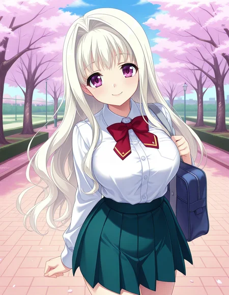 <lora:Charles:0.8> yoshino-charles, large breasts, white hair, hair intakes, very long hair, purple eyes
1girl, school uniform, shirt, pleated skirt, school bag,
park, cherry blossoms, looking at cherry blossoms, smile,, Smooth Quality, uncensored,