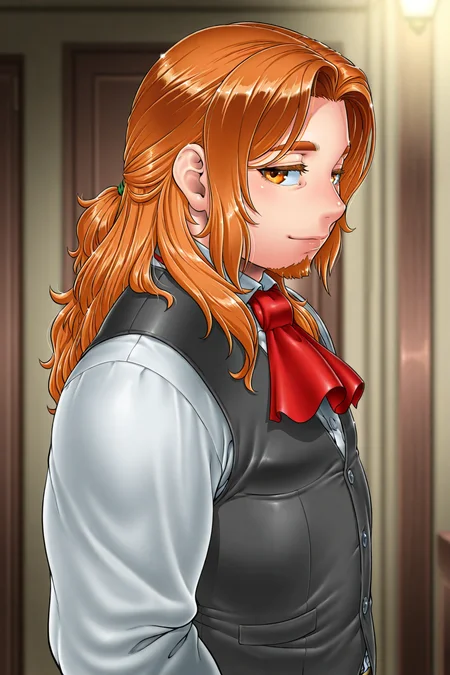 masterpiece, best quality, amazing quality, very aesthetic, high resolution, ultra-detailed, absurdres, newest, scenery, depth of field, scenery, volumetric lighting, by kuro-gane, human, male focus, 1boy, (mature male:1.2), solo, long hair, simple background, upper body, vest, ascot, brown eyes, brown hair, orange hair, orange eyes, shirt, long sleeves, red ascot