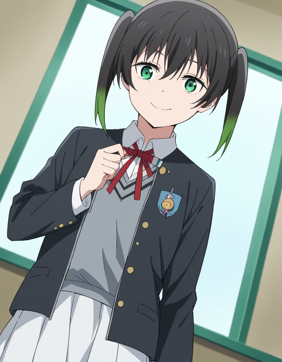 score_9, score_8_up, score_7_up, source_anime, <lora:yuu-takasaki-s2-ponyxl-lora-nochekaiser:1>, yuu takasaki, bangs, black hair, hair between eyes, twintails, green eyes, multicolored hair, green hair, medium hair, two-tone hair, gradient hair,, skirt, long sleeves, school uniform, jacket, red ribbon, black jacket, blazer, nijigasaki academy school uniform, white skirt,, indoors, smile, looking at viewer, solo,, cowboy shot, dutch angle