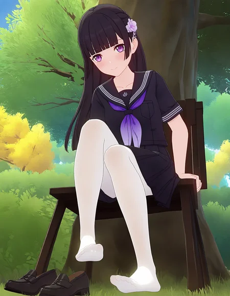 masterpiece,best quality,<lora:genshin_noob1:0.8>,genshinstyle, 1girl, long hair, solo, black hair, school uniform, pantyhose, shoes removed, purple eyes, hair ornament, flower, shoes, hair flower, skirt, serafuku, sitting, sailor collar, looking at viewer, black shirt, shirt, feet, bangs, outdoors, white pantyhose, smile, black skirt, no shoes, tree, sky, pleated skirt, short sleeves, blush, closed mouth, day, black sailor collar, soles, toes, chair, purple neckerchief, black serafuku, blunt bangs