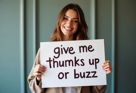 beautiful woman holding a sign it says "give me thumbs up or buzz",