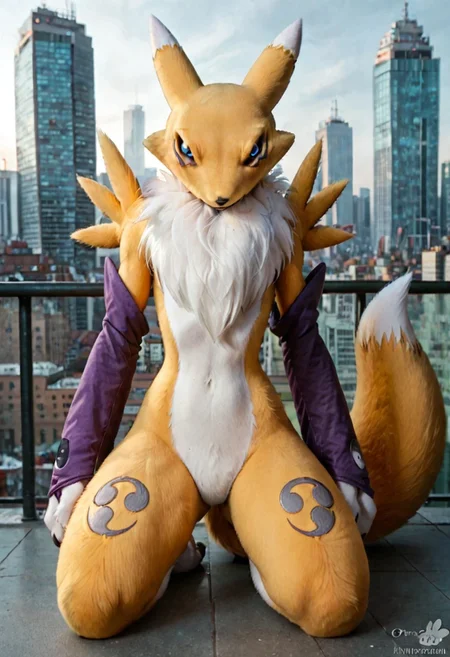 score_9, score_8_up, score_7_up, score_6_up, score_5_up, score_4_up, BREAK, solo, 1girl, renamon, anthro, furry, furry female, furry body, detailed fur, realistic fur, yellow fur, blue eyes, black sclera, flat chest, thin waist, slender waist, thick thighs, huge thighs, (tail:1.5), dipstick tail, mostly nude, purple bridal gauntlets, no nipples, featureless crotch, furry butt, kneeling, city rooftop, photorealistic, hyperrealism, photography, real life