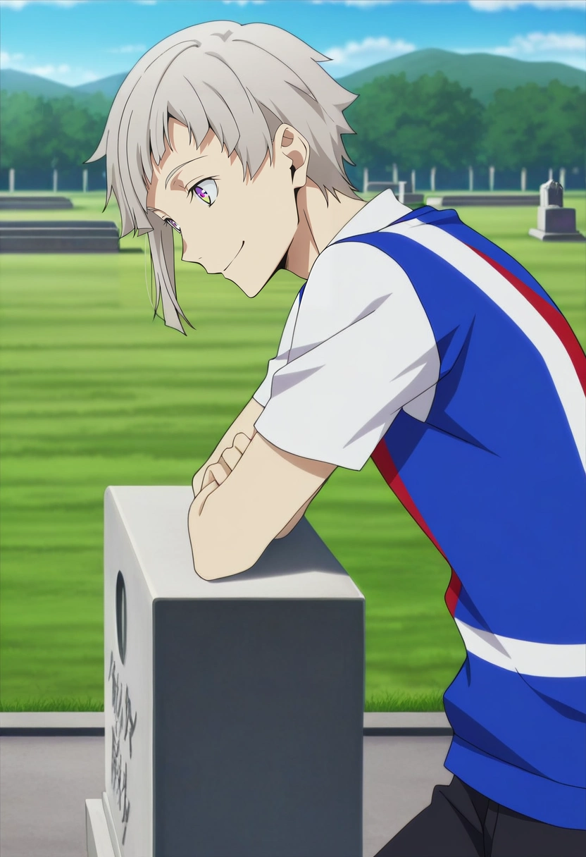 masterpiece, best quality, anime screencap, official style, anime coloring, cowboy shot, 1boy, solo, male focus, <lora:atsushi_nakajima_ilxl:0.9>, atsushi_nakajima, grey hair, yellow eyes, multicolored eyes, purple eyes, short hair, , from side, cemetery, day, breast rest, smile, patriotic costume