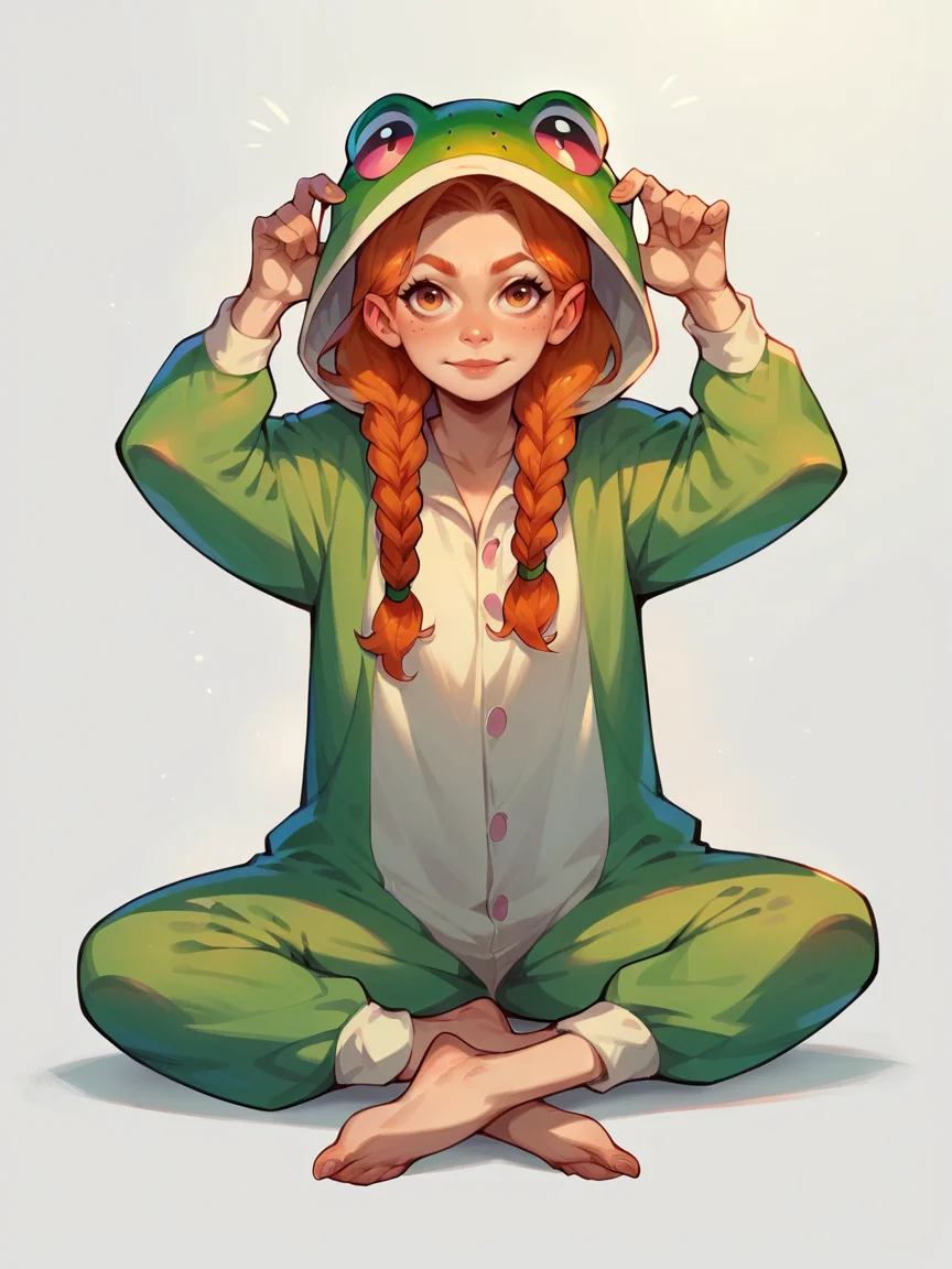 score_9, score_8_up, score_7_up, score_6_up, score_5_up, 1girl, ginger hair, braids, <lora:f0ggyXLP2:0.7> f0ggy, frog costume, solo, barefoot