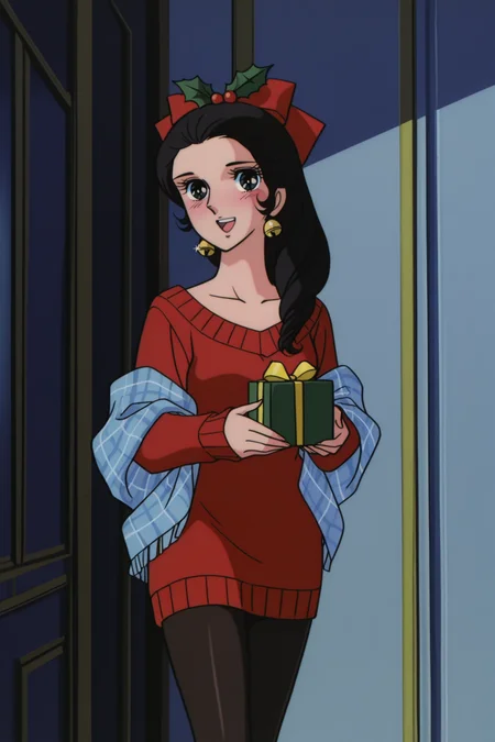 <lora:VersaillesnoBara:1>, VersaillesnoBara, retro artstyle, 1girl, solo, pantyhose, bell, hair ornament, black pantyhose, dress, smile, gift, sweater, looking at viewer, black hair, open mouth, box, holding, scarf, sweater dress, blush, long sleeves, christmas, :d, gift box, sleeves past wrists, hair over shoulder, bow, red sweater, red dress, standing, head tilt, fringe trim, food, hair bow, holly, plaid, collarbone, shawl, jewelry, indoors,
