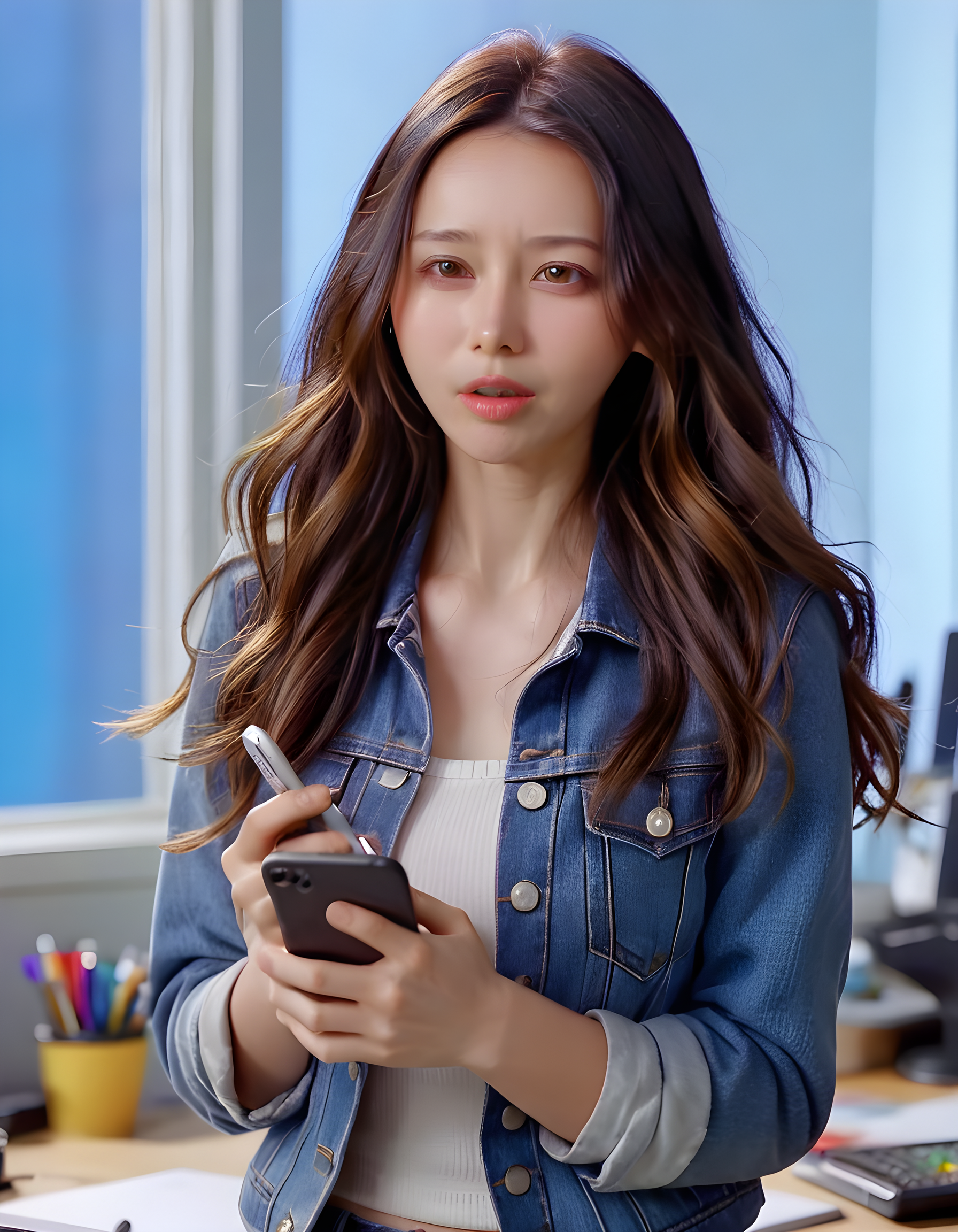 In a vibrant, azure-hued studio bathed in soft natural light streaming through large windows, L334Y, a woman with long, wavy chestnut hair cascading over her shoulders, stands against a blue backdrop. She wears a faded denim jacket adorned with subtle wear and tear, its buttons partially undone to reveal a white, collared shirt beneath. Her gaze is intent and direct, fixed on the viewer, as she holds a smartphone in one hand and cradles her nose with the other, her expression thoughtful yet approachable. Behind her, a cluttered work desk with scattered notebooks, sketchbooks, and various artistic tools subtly hint at her creative pursuits, while the sun-drenched room beyond suggests a bustling urban neighborhood filled with life and energy.