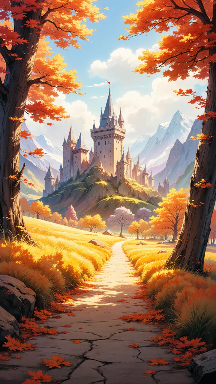 painted world, masterpiece, professional artwork, breathtaking view of a serene autumn landscape, leaves gently fall on a dirt path leading to a magnificent medieval castle in the distance, golden fields of grass overflowing, mountains in the distance,