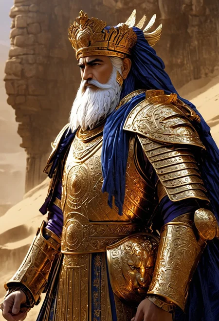 A majestic Persian Achaemenid warrior standing tall on a battlefield, wearing intricate armor crafted from gold and bronze. His helmet, featuring a flared design with winged details and a crest, reflects the grandeur of ancient Persia. His armor is decorated with detailed engravings of Persian motifs, including lions and intricate geometric patterns. He holds a large round shield embossed with the image of the Persian king and a curved sword in his right hand. His regal cloak, rich in royal blue and purple, flows behind him in the wind. His stern face, framed by a well-groomed beard, exudes confidence and strength. In the background, the ruins of a grand Persian city, with towering columns and elaborate architecture, stand beneath a dramatic sky. The color palette is rich with golds, deep blues, and earth tones, conveying a sense of ancient Persian power, nobility, and battle readiness.
, moody light, by H.R Giger, 4k resolution digital art trending on Artstation and unreal engine 5, hyperrealism, full body shot, glowing eyes, cinematic, epic, masterpiece, surreal, fantasycore, hyperdetailed, ultra realistic, octane render, volumetric lighting, depth of field, bokeh, 8 <lora:Details:0.85>