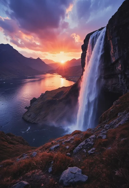 A breathtaking waterfall cascading from a rugged cliff into a serene lake, surrounded by majestic mountains, vibrant sunset colors reflecting in the water, ethereal atmosphere, high detail, soft lighting