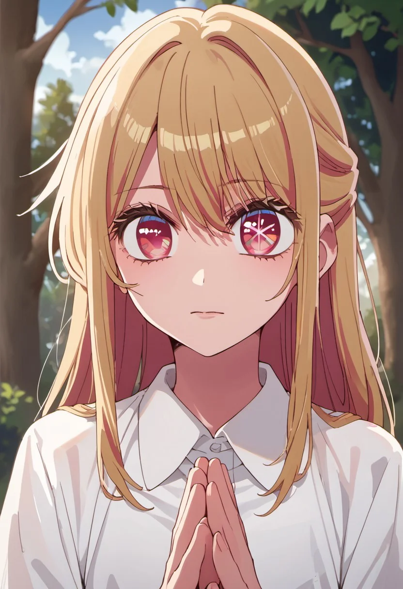score_9, score_8_up, score_7_up, source_anime, hoshino ruby, blonde hair, long hair, pink eyes, symbol-shaped pupils, 1girl, solo, outdoors, own hands together, closed mouth, shirt, tree, looking at viewer, white shirt, collared shirt