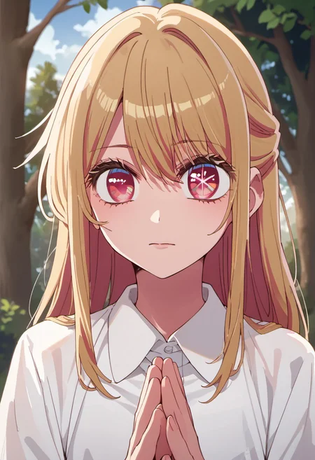 score_9, score_8_up, score_7_up, source_anime, hoshino ruby, blonde hair, long hair, pink eyes, symbol-shaped pupils,  1girl, solo, outdoors, own hands together, closed mouth, shirt, tree, looking at viewer, white shirt, collared shirt