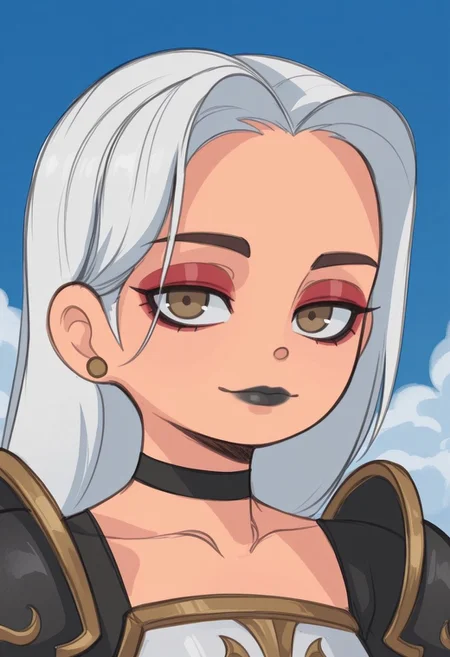 sslt,

1girl, solo, portrait, bangs, makeup, lipstick, lips, earrings, collarbone, pauldrons, white hair, long hair, brown eyes, closed mouth, light smile, stud earrings, choker, armor, blue sky, looking at viewer, sky, black choker, shoulder armor, day, eyeshadow, hair behind ear, black lips, cloud, gold trim, red eyeshadow