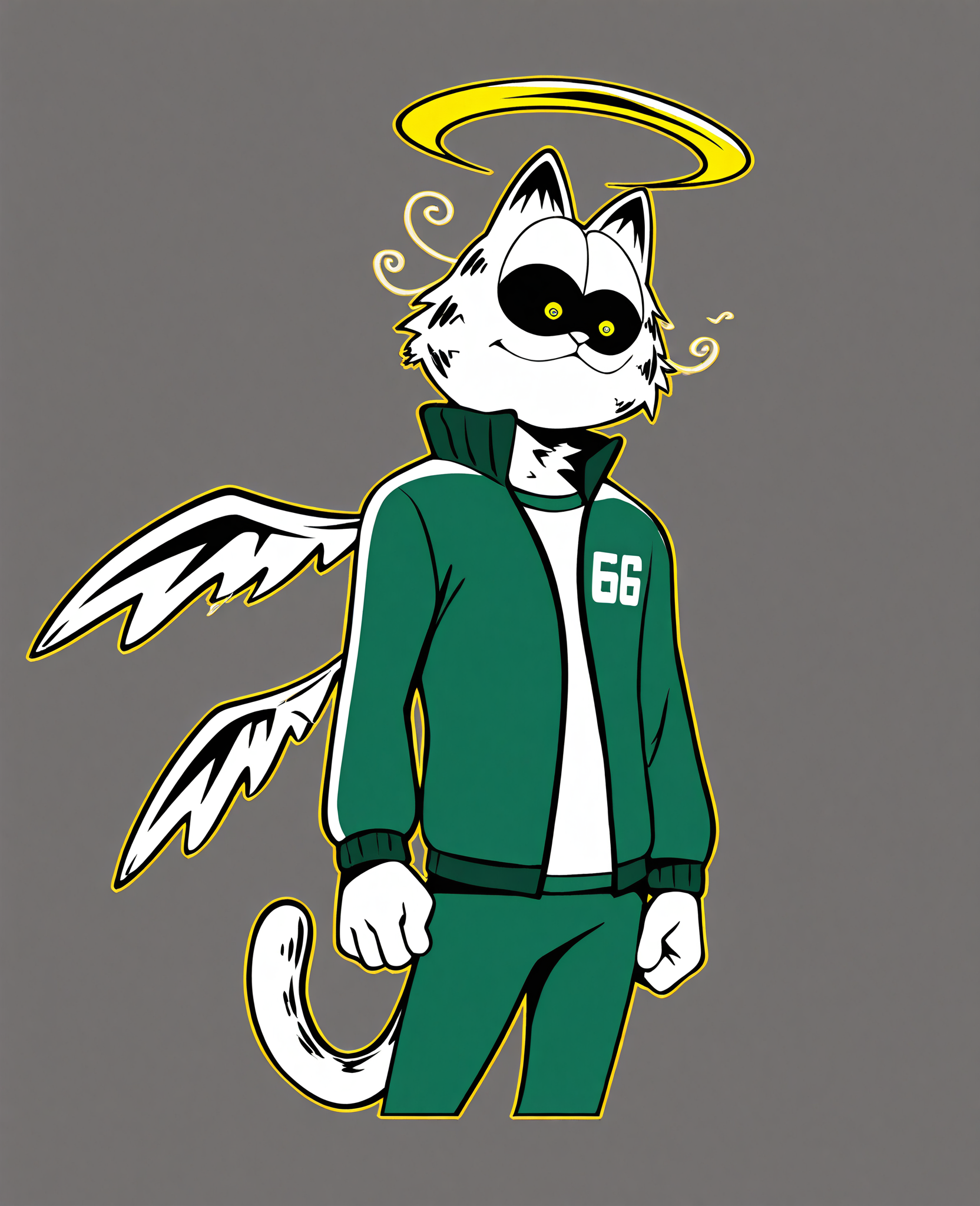<lora:Godfield_illustrious-000015:1.0>, <lora:squidGameOutfit_Illustrious-09:1.0>, masterpiece, best quality, absurdres, score_8_up, score_7_up, 1boy, solo, anthro, furry, no humans, godfield, cat ears, solo, black sclera, yellow eyes, white fur, squidgamesoutfit, jacket, green jacket, shirt, white shirt, pants, green pants, annoying face, yellow accents, halo, wings, light gray background, simple background