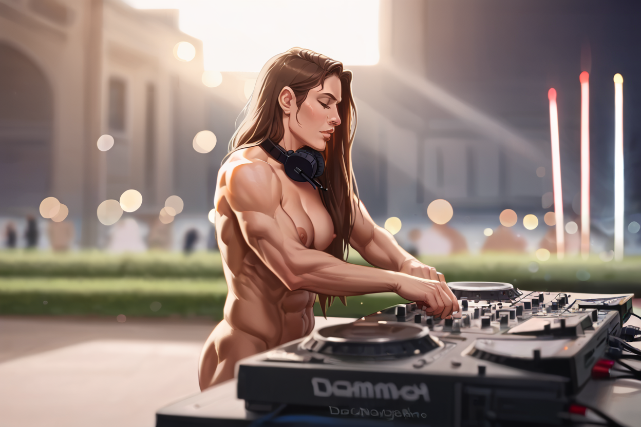 score_9, score_8_up, score_7_up,dim light, (lens flare:.4), (cinematic bokeh:1.6),(shallow depth of field:1.4), Chiaroscuro Lighting Style, shameless pose, crowded outdoor club, dim light,
3dmdj, 1girl, instrument, playing instrument, solo, nude, muscular girl, innie pussy, long hair, headphones around neck, laser lights, night club, <lora:DJ_3dmdj_pony_CR1:0.8>