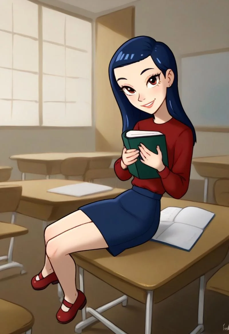LesDnkl_TP, 1 girl, solo, blue hair, shoulder length hair, long eyelashes, red long sleeve shirt, blue skirt, red shoes, holding book in arms, looking at viewer, sitting on desk, seductive, teasing, flirting, smiling,