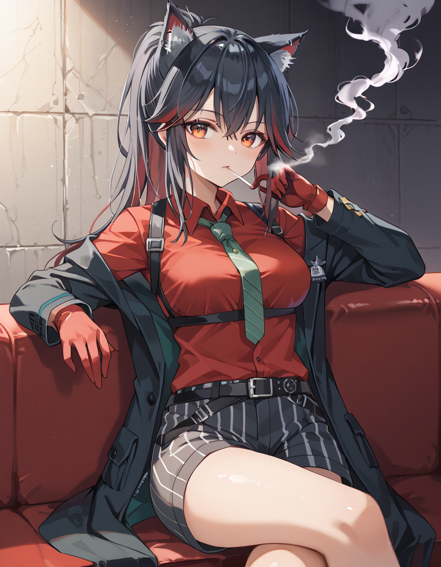Volumetric Lighting, (masterpiece), (best quality), (ultra-detailed), masterpiece, source_anime, score_9, score_8_up, score_7_up BREAK, illustration, disheveled hair, detailed eyes, perfect composition, moist skin, intricate details BREAK, light depth, dramatic atmospheric lighting, Volumetric Lighting, Texas, long hair, ponytail, black hair, red hair, wolf ear,s wolf tail, red eyes BREAK, willpower, WP gloves, WP shirt,long sleeves shirt, WP necktie, WP shorts, WP coat, WP belt,open coat, striped shorts,off-shoulders coat BREAK, sitting, crossed legs, mouth hold, cigarette,smoke, indoor,arm rest