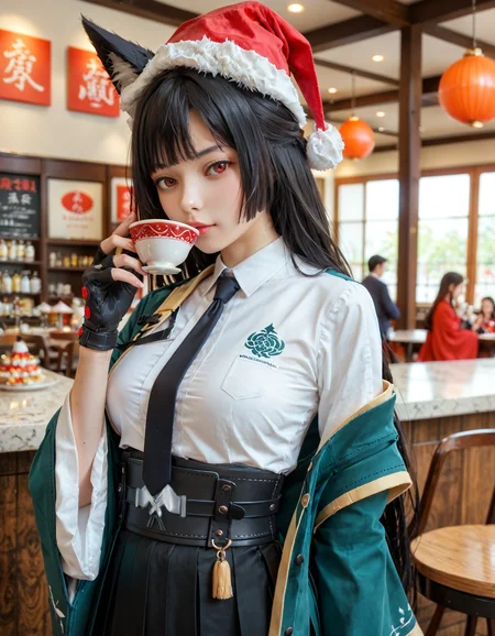 realistic proportions, score_9, score_8_up, score_7_up, score_6_up, score_5_up, score_4_up, angled, looking at viewer, angled, zzzmiyabi, miyabi hoshimi, animal ear fluff, animal ears, black hair, bright pupils, japanese eyes, (santa hat:1.2), (ears hidden by hair:1), (hat covering ear:1.2), fox ear, fox girl, half updo, long hair, red eyes, samurai armor, buckled girdle, sidelocks, white pupils, asymmetrical gloves, black gloves, black necktie, black skirt, obi, blue jacket, collared shirt, athletic, medium breasts, fingerless gloves, gloves, high-waist skirt, jacket, pantyhose, long skirt, necktie, shirt, side slit, single fingerless glove, skirt, white shirt, wide sleeves, one sleeve off shoulder, cafe, sipping teacup