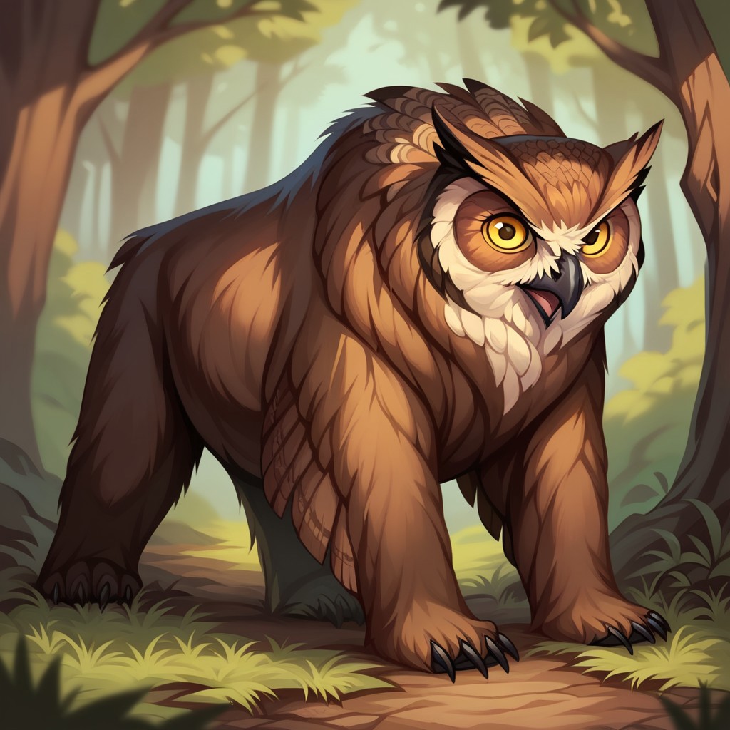 (((detailed, beautiful, high quality))), score_9, score_8_up, score_7_up, solo, full body,
owlbear, feral, owl's head, bear's body,
1 male, brown fur, yellow eyes,
looking at the viewer, posing,
fantasy background, blurred background, forest,