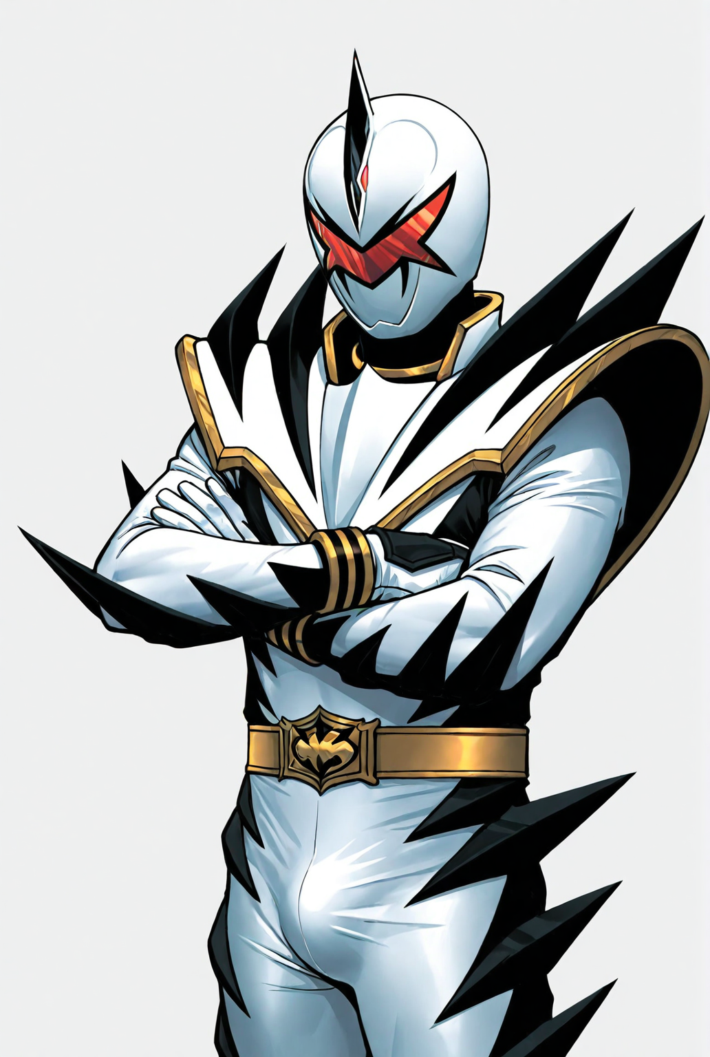 score_9,score_8_up,score_7_up,male focus,ultra-detailed,high resolution,digital painting,8k,1boy,solo,cowboy shot,male focus,detailed face,white bodysuit,helmet,belt,bodysuit,armor,tokusatsu,gloves,mask,super d1n0 white,horns,standing,crossed arms,bulge,simple background,(white background:1.1),<lora:add-detail-xl:1>,<lora:LYDart StyleIlluLYCO:0.2>,ydart,<lora:Dino Ranger White:0.7>,