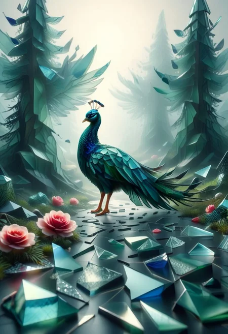mesmerizing geometric patterns, geometric complexity, The wind , clouds high, tall trees, forest pathways, bloom of roses,(peacock made of mesmerizing geometric patterns of Glass Shard:1.5), open tail, grass. honeycomb, curvilinear
, score_9, score_8_up, score_8_up, masterpiece,super detailed face, super high resolution, FaceDetail, masterpiece-level, highly detailed, intricate details, detailed background, complex background, cinematic, intricately detailed illustration, depth of field, masterpiece, best quality, amazing quality, very aesthetic, absurdres, newest, very awa, shadow, lazympos, lazypos
