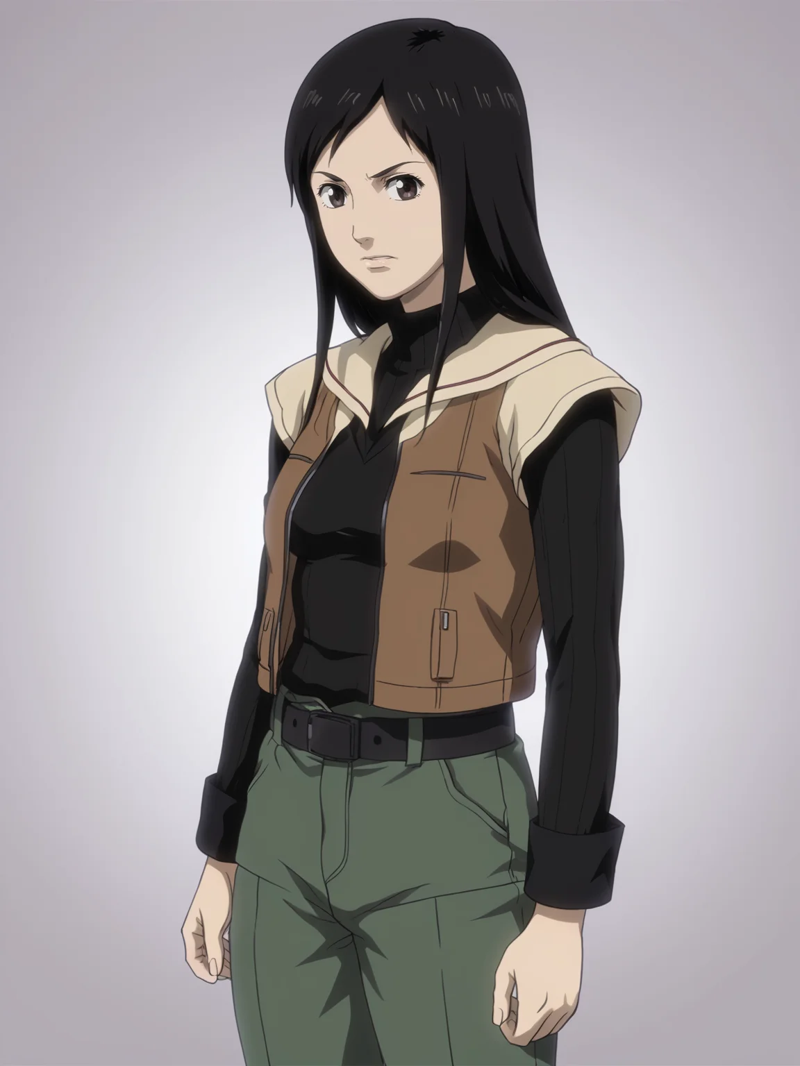 1girl, ekaturkuro, score_8_up, <lora:Eka Turkuro:0.75>, black hair, long hair, cosplay, motoko kusanagi
