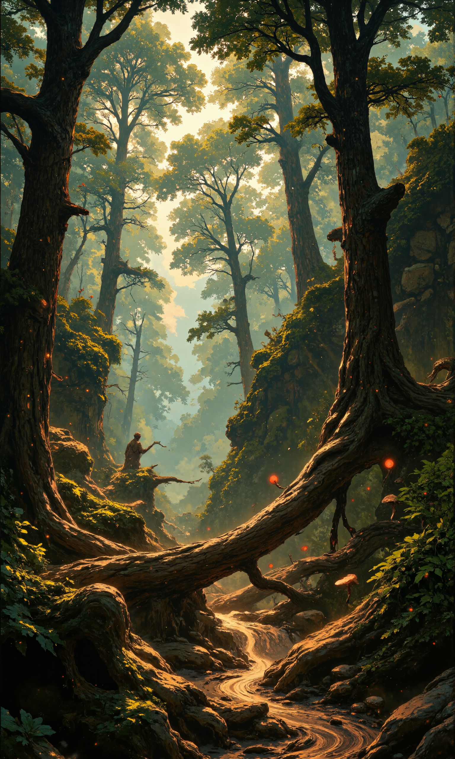 Ancient fir forest, towering trees with gnarled bark, moss-covered fallen logs, ferns and mushrooms on forest floor, dappled sunlight filtering through dense canopy, mist rising from hidden streams, rocky outcrops with lichen, hints of deer paths, early morning golden light, ethereal atmosphere, rays of sunlight, intricate details, photorealistic, 8k resolution, masterpiece quality, soft focus background, vibrant natural colors, cinematic composition <lora:FLUX-daubrez-DB4RZ:0.3> <lora:Let_It_Blaze_in_Crimson_anime_v1.0:0.9> <lora:FluxMythR3alisticF:0.9> <lora:flux_dev:1>