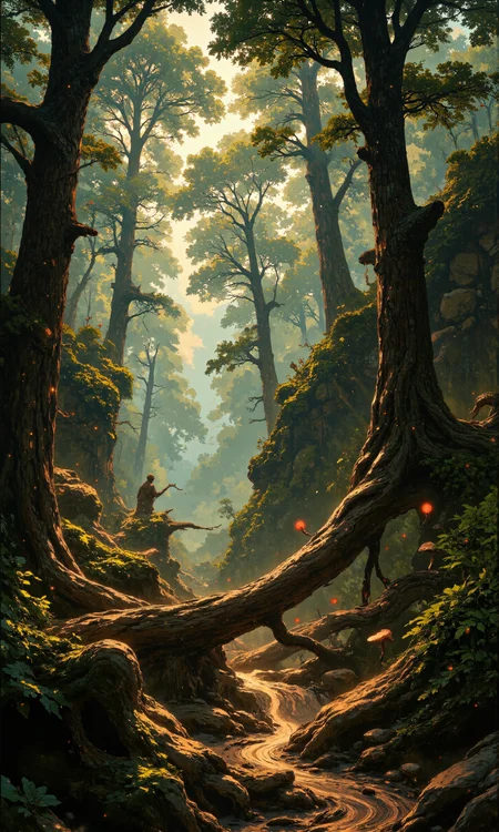 Ancient fir forest, towering trees with gnarled bark, moss-covered fallen logs, ferns and mushrooms on forest floor, dappled sunlight filtering through dense canopy, mist rising from hidden streams, rocky outcrops with lichen, hints of deer paths, early morning golden light, ethereal atmosphere, rays of sunlight, intricate details, photorealistic, 8k resolution, masterpiece quality, soft focus background, vibrant natural colors, cinematic composition <lora:FLUX-daubrez-DB4RZ:0.3> <lora:Let_It_Blaze_in_Crimson_anime_v1.0:0.9> <lora:FluxMythR3alisticF:0.9> <lora:flux_dev:1>