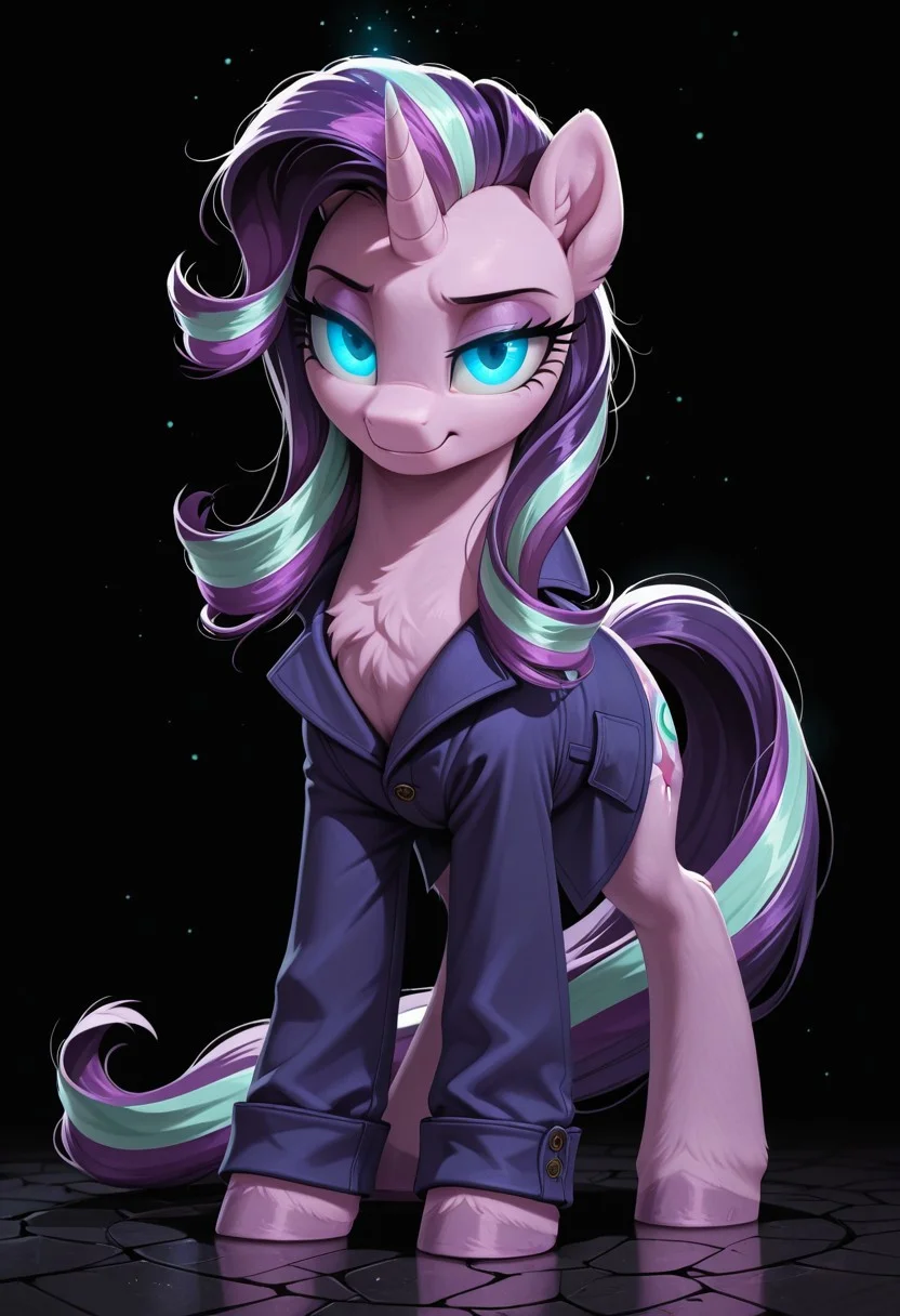masterpiece, best quality, amazing quality, very aesthetic, absurdres, newest,
1girl, feral, feral pony, Starlight Glimmer is a unicorn mare with a pinkish-purple coat, purple-blue eyes, and a dark purple mane and tail with lighter purple and mint green streaks. She also has a cutie mark that's the shape of a compass with a swirl line. (mlp), ((eyes_in_darkness)), glowing eyes, slit eyes, little pony, friendship is magic, quadruped
((outline)),
black background, void,
p0nuts, <lora:Ponut_Paradise:0.4>