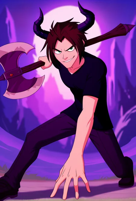 masterpiece, perfect face, beautiful face, perfect hands, beautiful hands, dark theme,
<lora:dimon-30:1> dmnwf, solo, 1boy, male focus, brown hair, shirt, short hair, green eyes,
serious, v-shaped eyebrows, axe, clothed, full body, horns, draph, large breasts, epic, , cool pose, holding weapon, purple background, stylized eyes, smile, smirk, , location, masterpiece, no text, -0.8::feet::, rating:general
detailed backgroud,foreshortening,blurry edges, soft lighting, intricate details , depth of field, foreshortening,(masterpiece, best quality), safe, amazing quality, very aesthetic, absurdres, highres, newest, <lora:nhl-001:1> nhl-001, limited palette, realistic