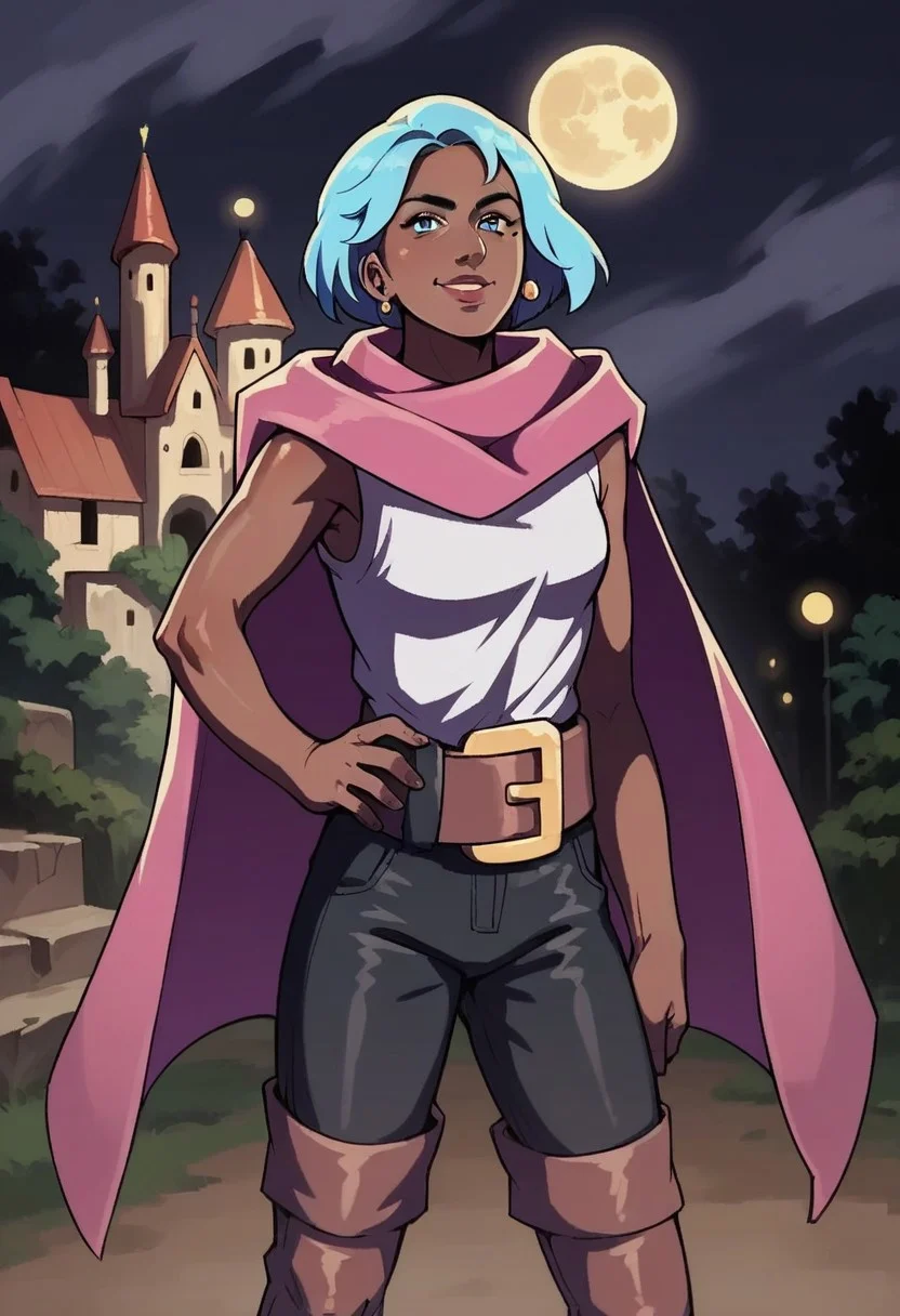 score_9_up, score_8_up, score_7_up, score_6_up, 1girl, solo, Zi'Assunta_Belpaese, earrings, blue hair, short hair, dark-skinned female, blue eyes, mole under eye, pink cape, white shirt, bare arms, belt, black trousers, brown thigh boots, standing proudly, hand on hip, outside castle, in front of the moon, proud smile, (realistic)
