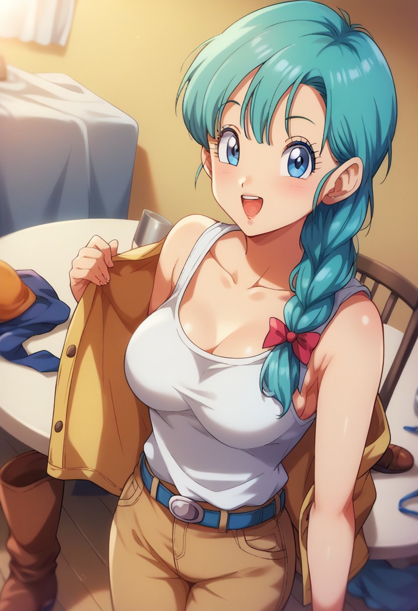score_9,score_8_up,score_7_up,score_6_up,blurry, blurry background,bulma \(dragonball\), 1girl,bulma,bulma from dragon ball, solo, long hair, open mouth, blue eyes, ribbon, aqua hair, hair ribbon, braid, boots, belt, pants, single braid, tank top, braided ponytail, white topwear, brown pants, brown footwear, jacket removed, girl standing,table, chair, raised eyebrows, looking at viewer, medium breasts, collarbone, eyebrows, eyelashes, arms by side,cowboy shot, dutch angle, sunset light