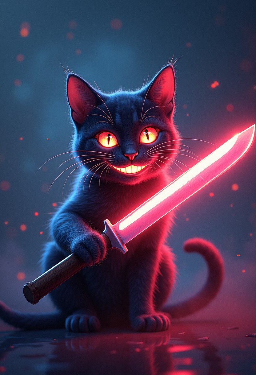 action-packed grin smile cat with knife in hand, reflecting in glowneon edge, glowing, sparks horizon , detailed mirroring horizon reflecting polychromic space, straight lines, wining award digital art, hight detailed,