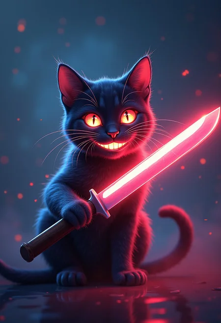 action-packed grin smile cat with knife in hand, reflecting in glowneon edge, glowing, sparks horizon , detailed mirroring horizon reflecting polychromic space, straight lines, wining award digital art, hight detailed,